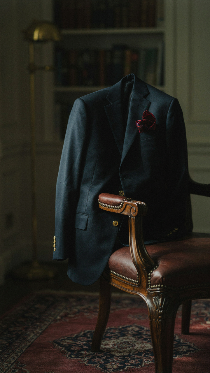 A tailored navy blazer hangs on a chair, with a silk pocket square visible.