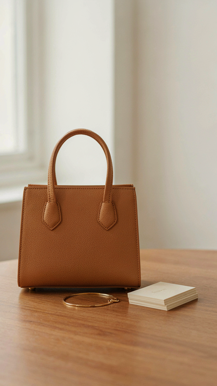 A quality leather handbag and a gold bracelet rest on a table, symbolizing smart accessorizing.