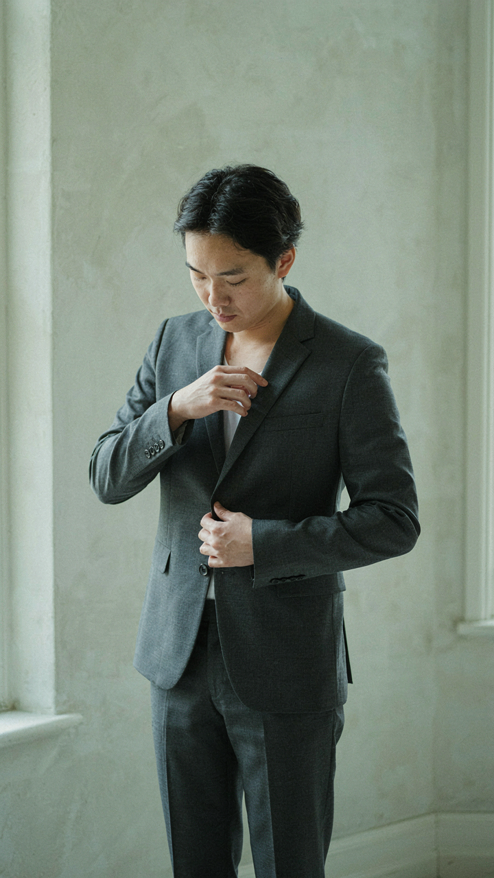 A person adjusts a structured blazer jacket.