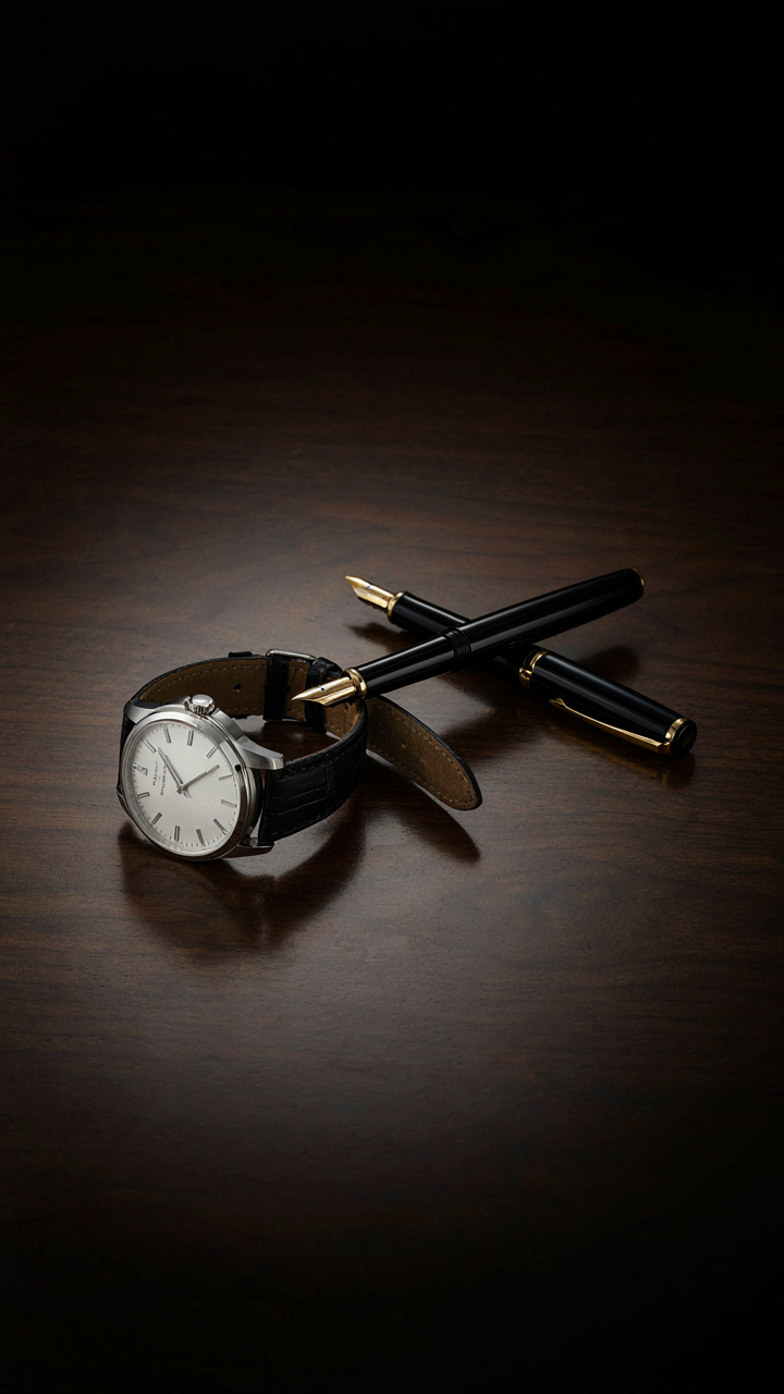 A luxurious silver watch and a classic fountain pen are displayed on a dark, polished desk.