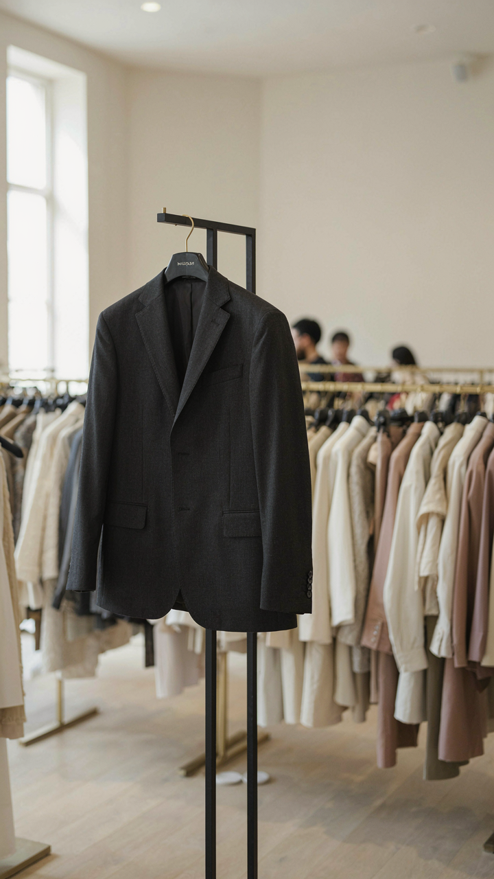 A perfectly tailored charcoal blazer hangs on a rack, emphasizing restraint.