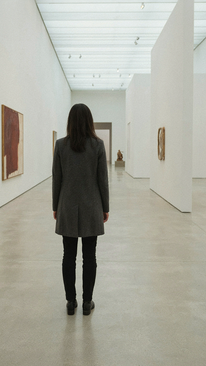 Woman's silhouette stands with perfect posture in an empty art gallery.