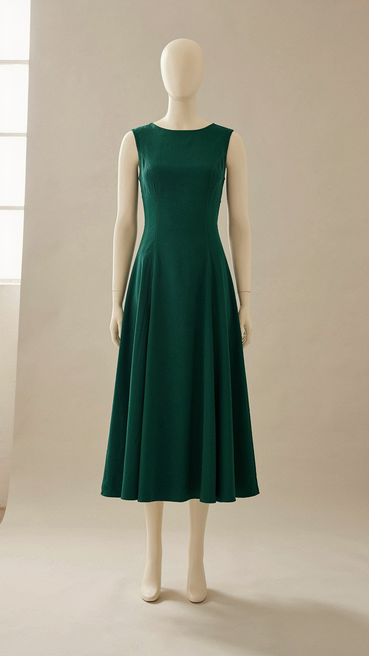 A midi-length A-line dress with princess seams on a mannequin.