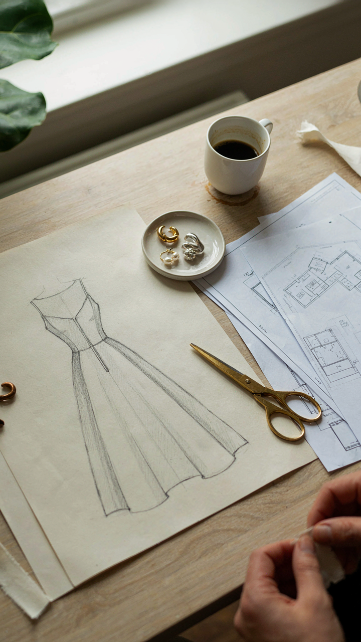 A fashion designer's desk with a dress sketch and earring designs.