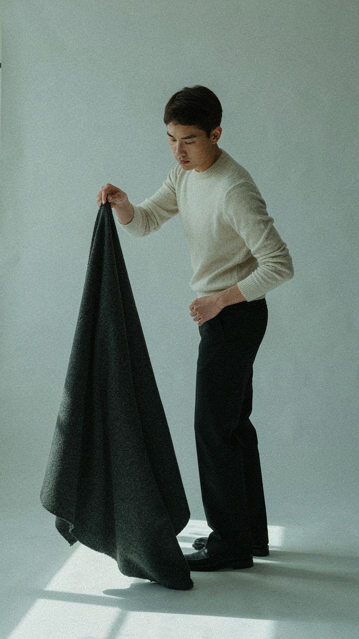 Hand holds a swatch of thick, dark wool fabric, testing its drape.