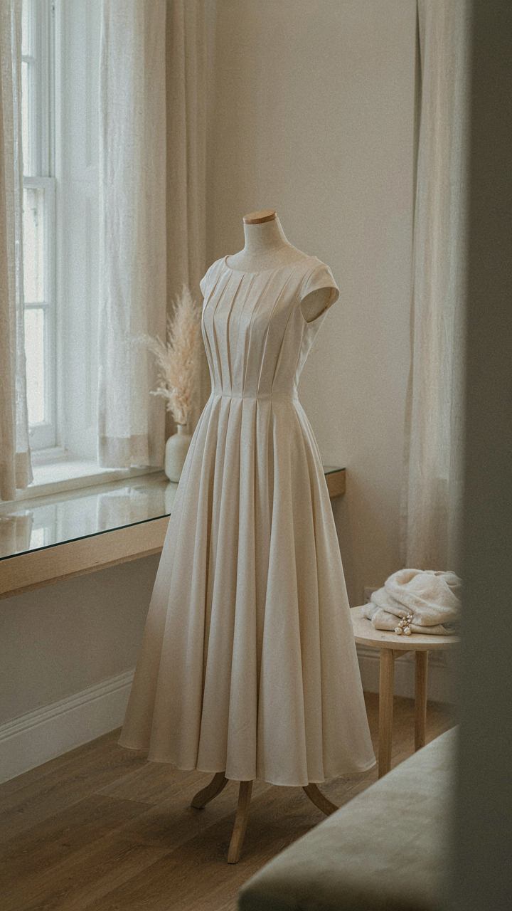 A mannequin displays an A-line dress with vertical pleats for a christening.