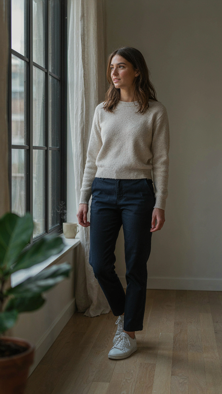 A person in a simple dressy casual outfit stands confidently, looking out a window.