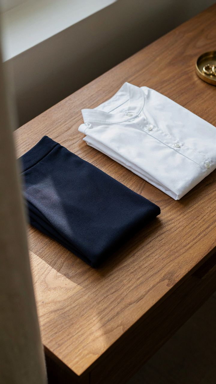 A neatly folded navy ponte pant and white button-up shirt on a wooden surface.