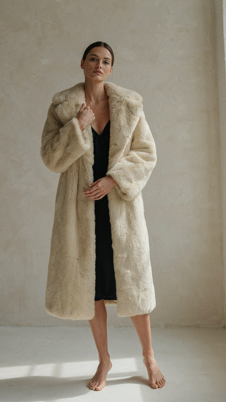 A woman in a long faux fur coat reveals a sleek slip dress underneath.