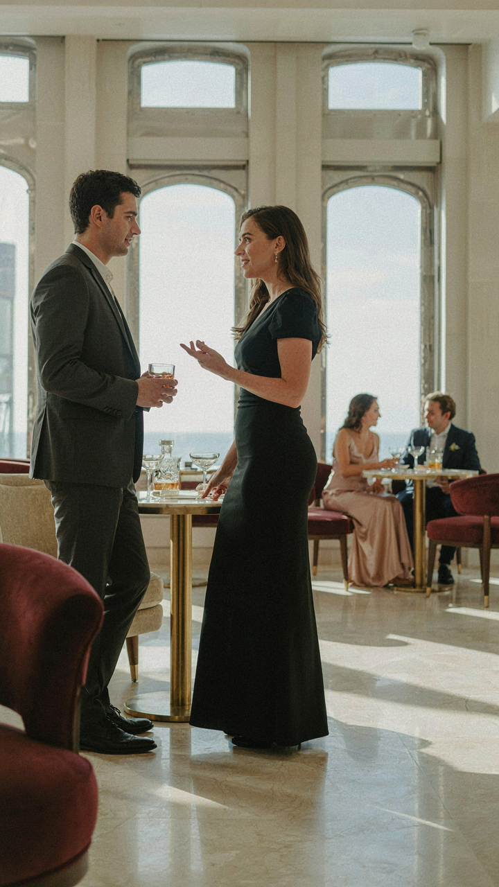 Woman in a dark cocktail dress talking in a cruise lounge.
