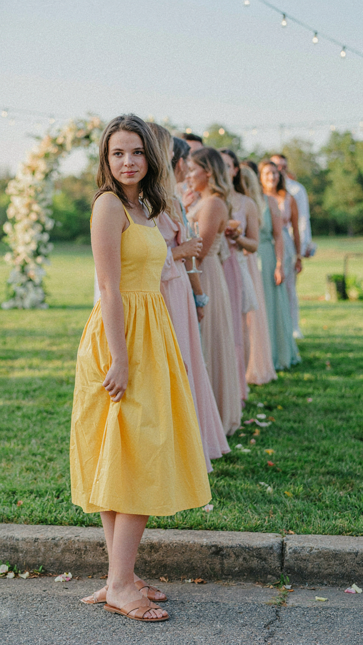 A woman in a yellow dress stands slightly forward at the edge of a group.
