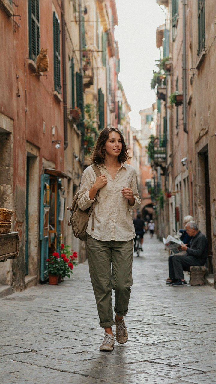 A solo traveler easily walks through a cobblestone alley with a single backpack, looking free.