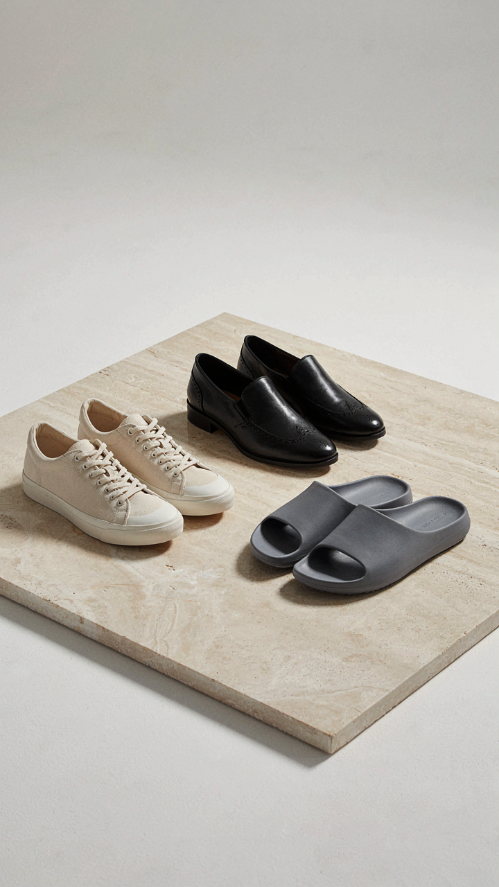 Three versatile shoe pairs for a solo cruise: sneakers, dress shoes, and slides.