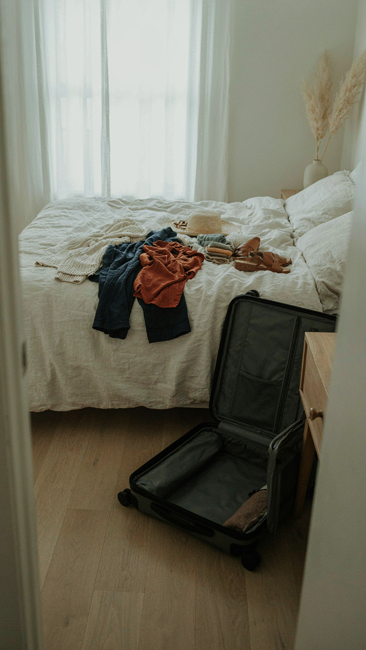 A pile of discarded clothing next to an almost empty suitcase.