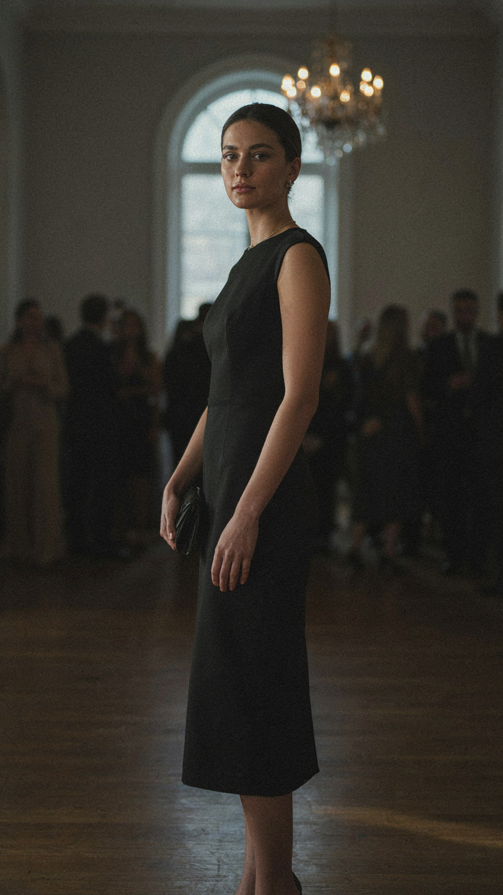 Woman in a dark, structured cocktail dress standing calmly in an event space.