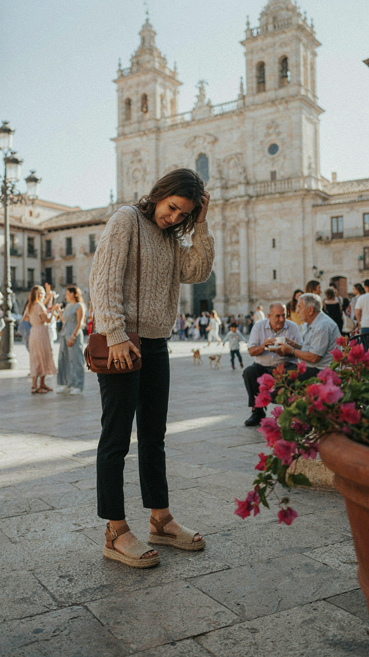 Woman in a plaza at 3 PM, dressed in a sweater and straw sandals, looking out of place.