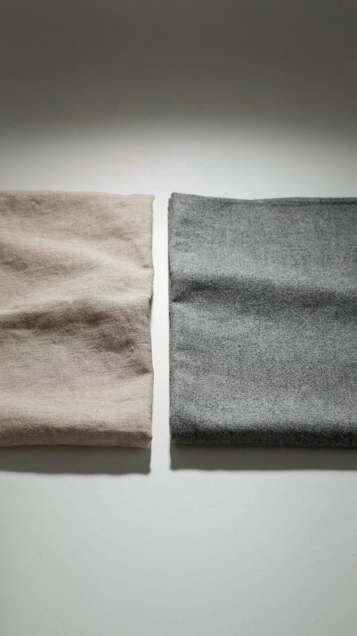 Two fabric swatches, warm beige and cool gray, show differing undertones.