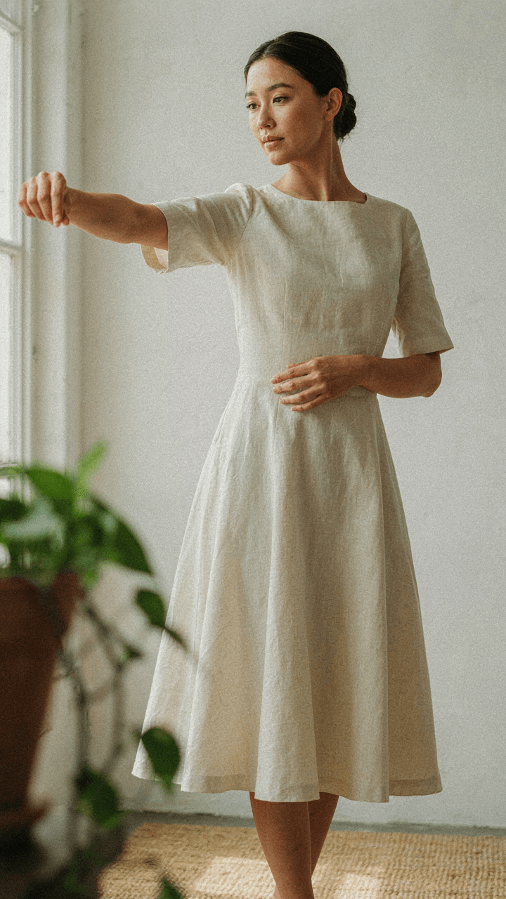 Woman displays a wrinkle-resistant ramie dress at a spring wedding.