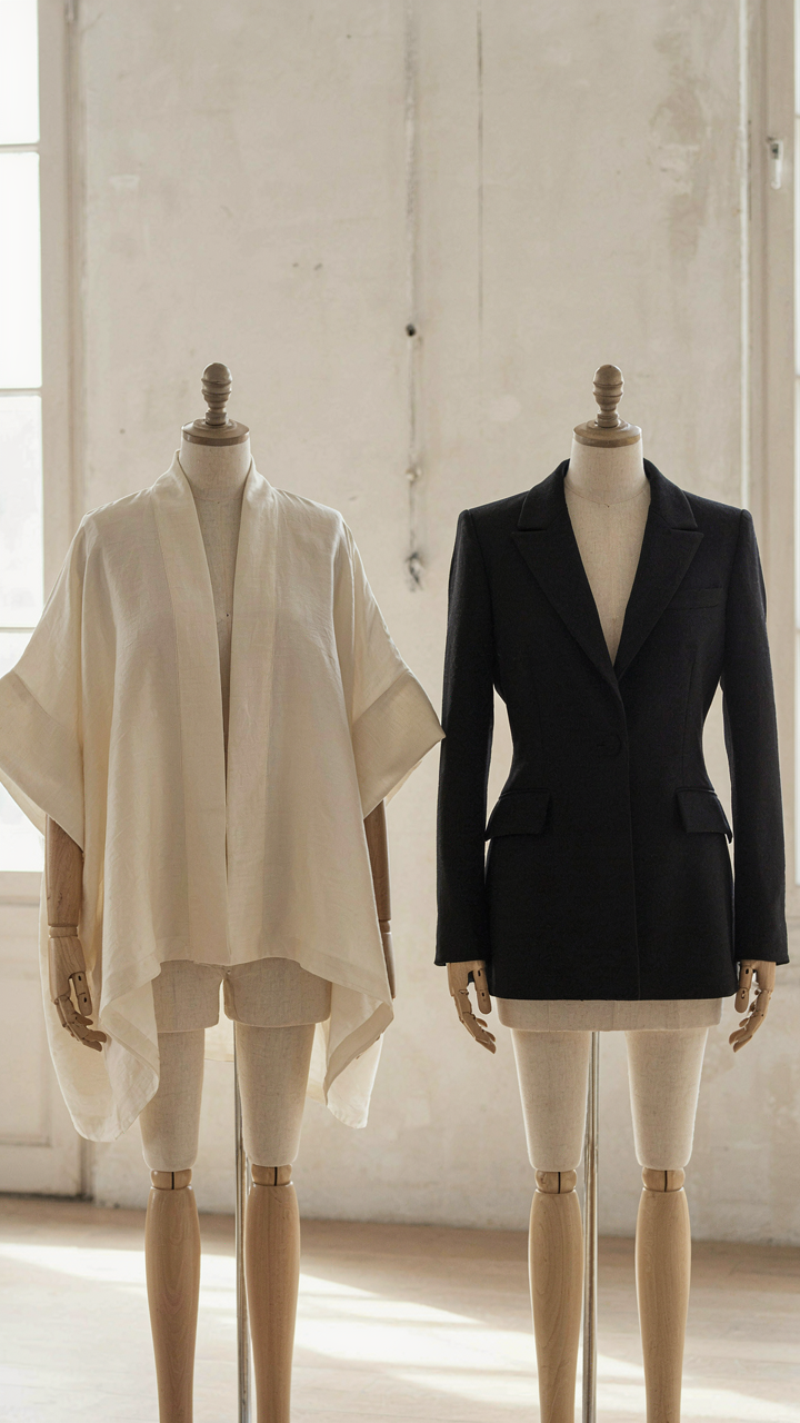 A wide kimono jacket on a mannequin next to a narrow blazer, showing contrasting shapes.