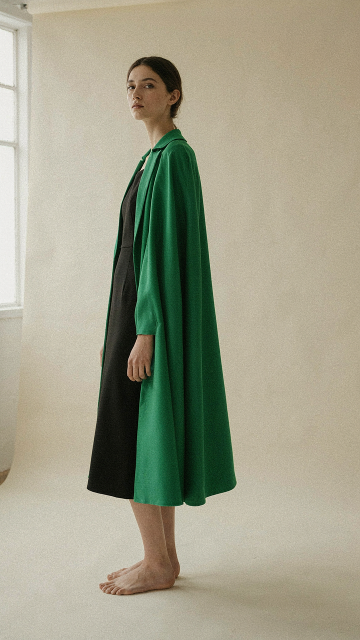 An emerald green evening cape tailored to a black dress stands out.