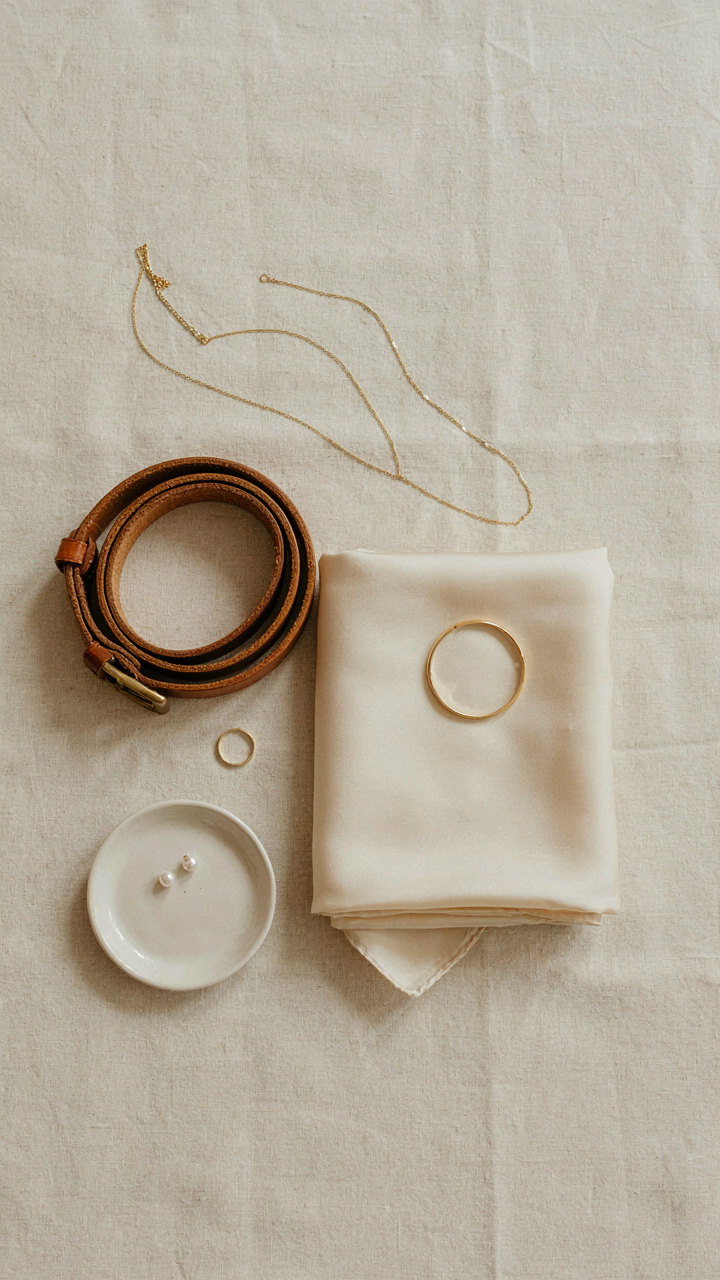 A leather belt, a silk scarf, and gold jewelry are neatly arranged on a neutral surface.