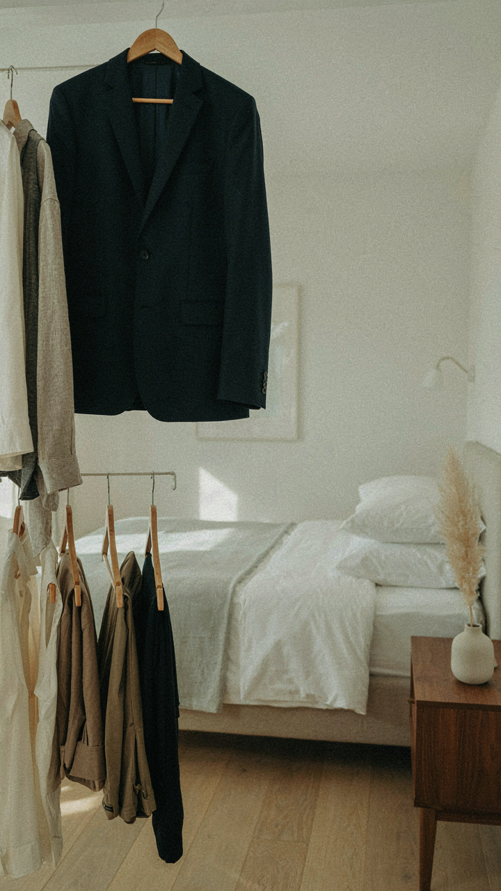 A navy blazer hangs in a hotel room, surrounded by neutral tops and bottoms.