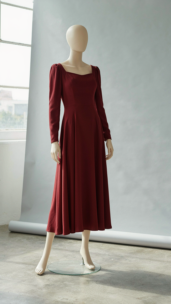 A luxurious burgundy midi cocktail dress made of heavy crepe on a mannequin.