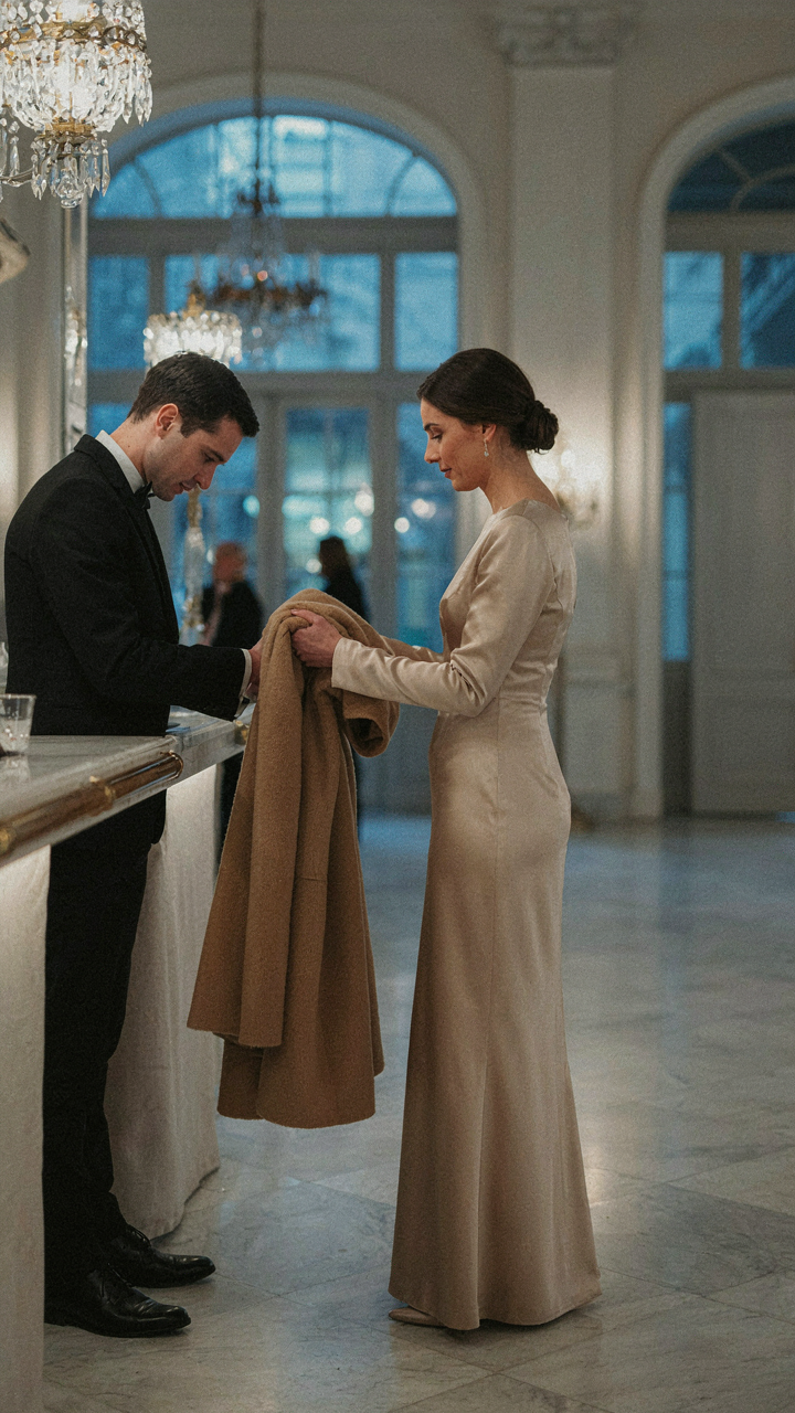 A woman hands her elegant winter coat to a coat check attendant at a formal venue.