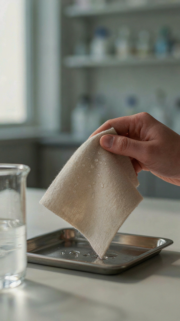 A hand holds a merino wool blend fabric swatch, showing water repellency.