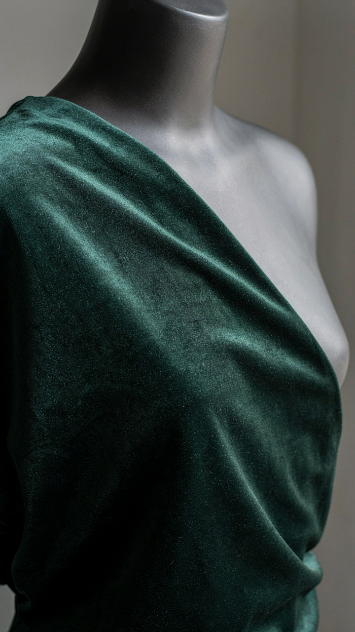 Close-up of luxurious dark green velvet fabric with a deep, reflective pile.