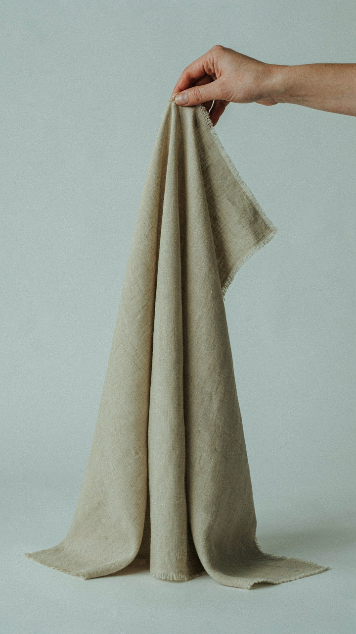 A hand holding up a swatch of flowing linen-cotton blend fabric.