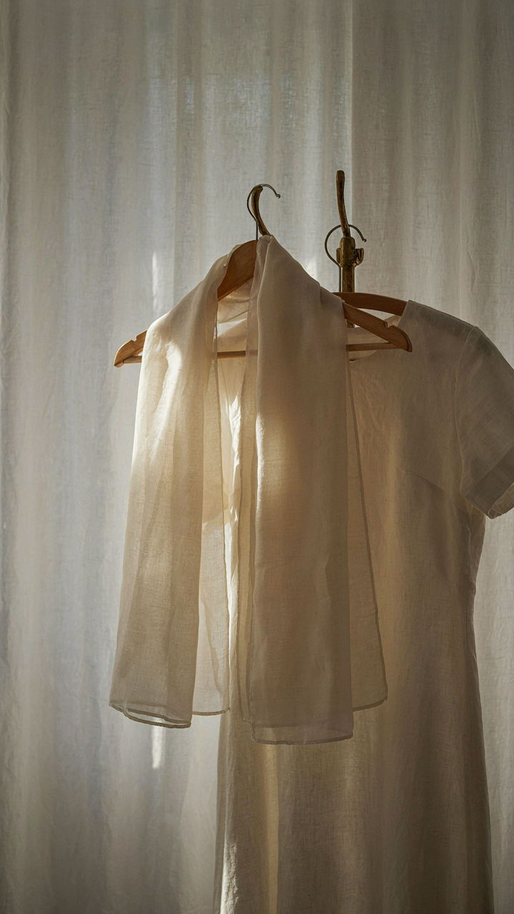 A silk shawl hangs over a cotton dress, showing space between fabrics.