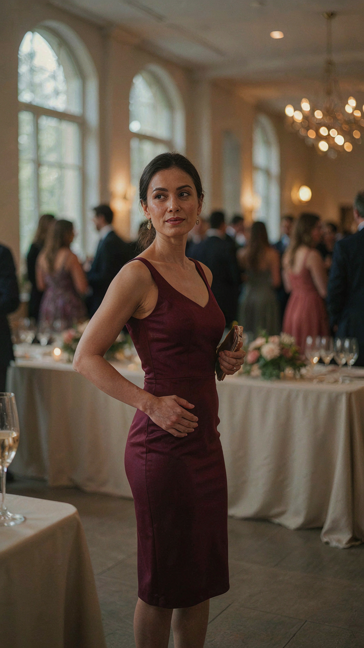 A woman in a burgundy sheath office Christmas party dress stands confidently.