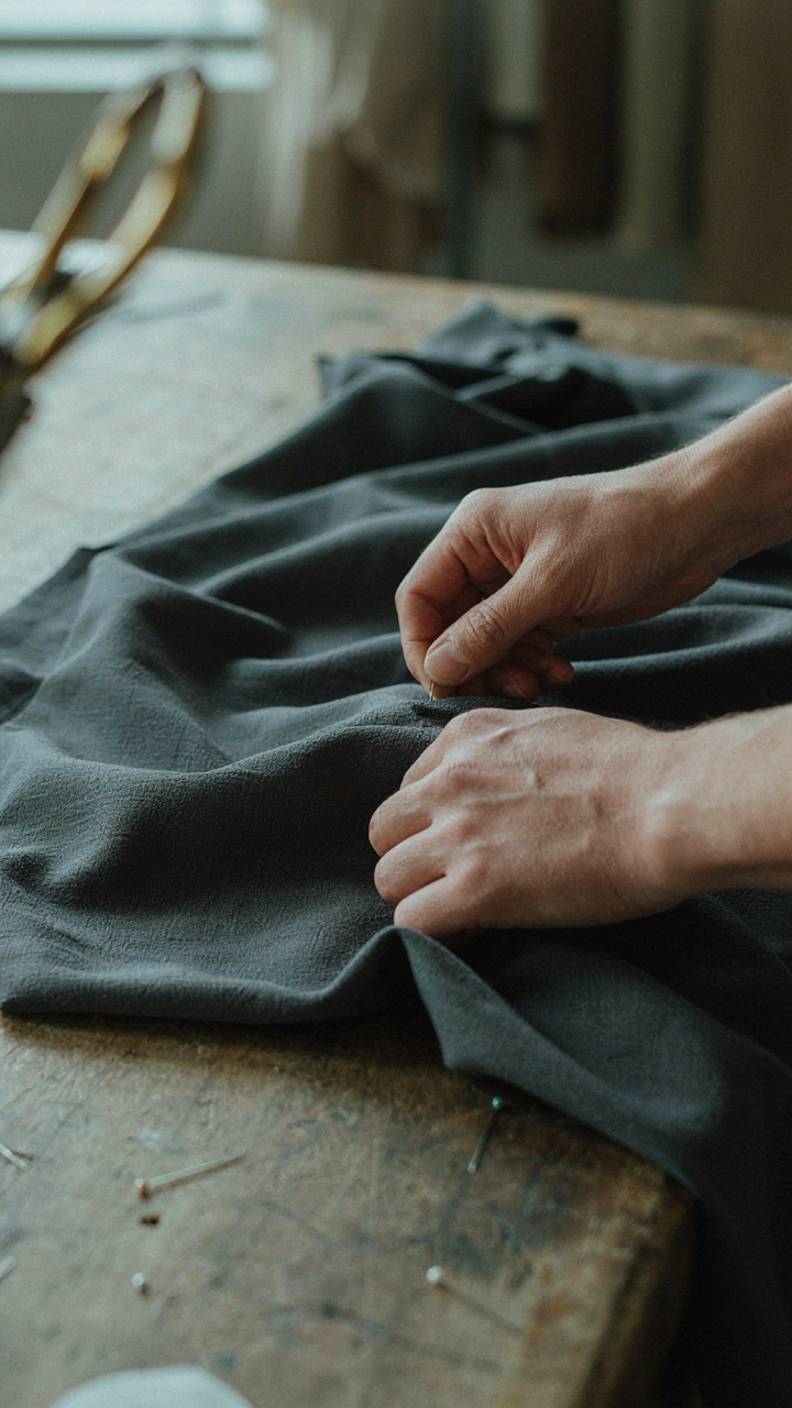 A tailor's hands pin a heavy crepe fabric sample, showing its drape.