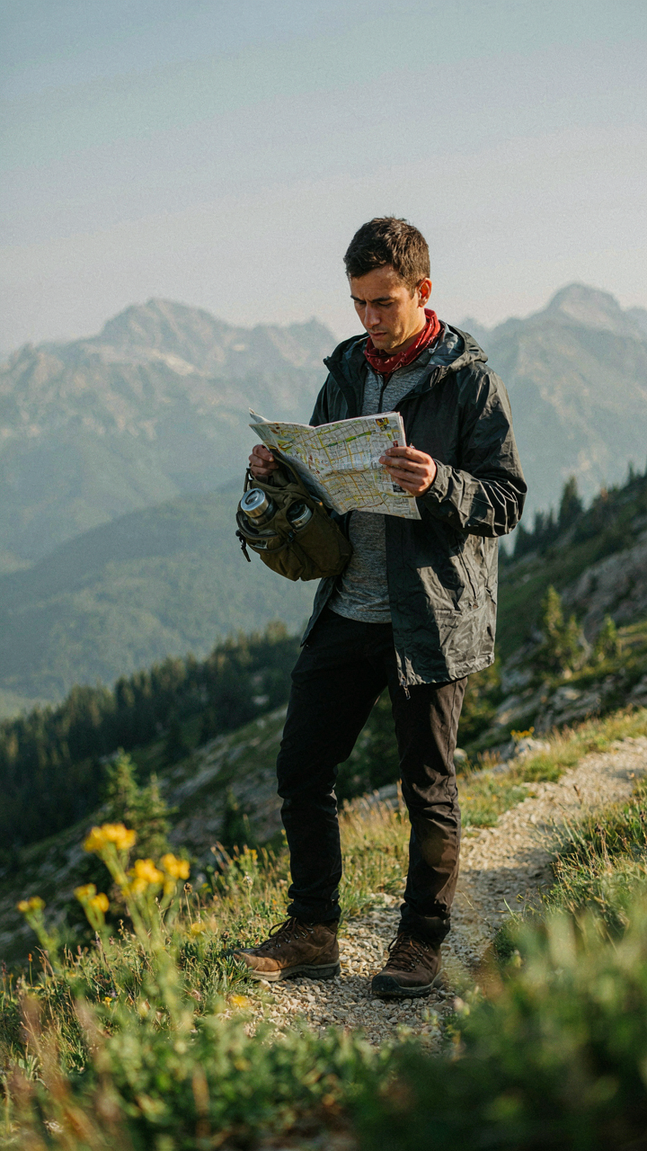 A hiker on a mountain trail compares a small bag to a city map.