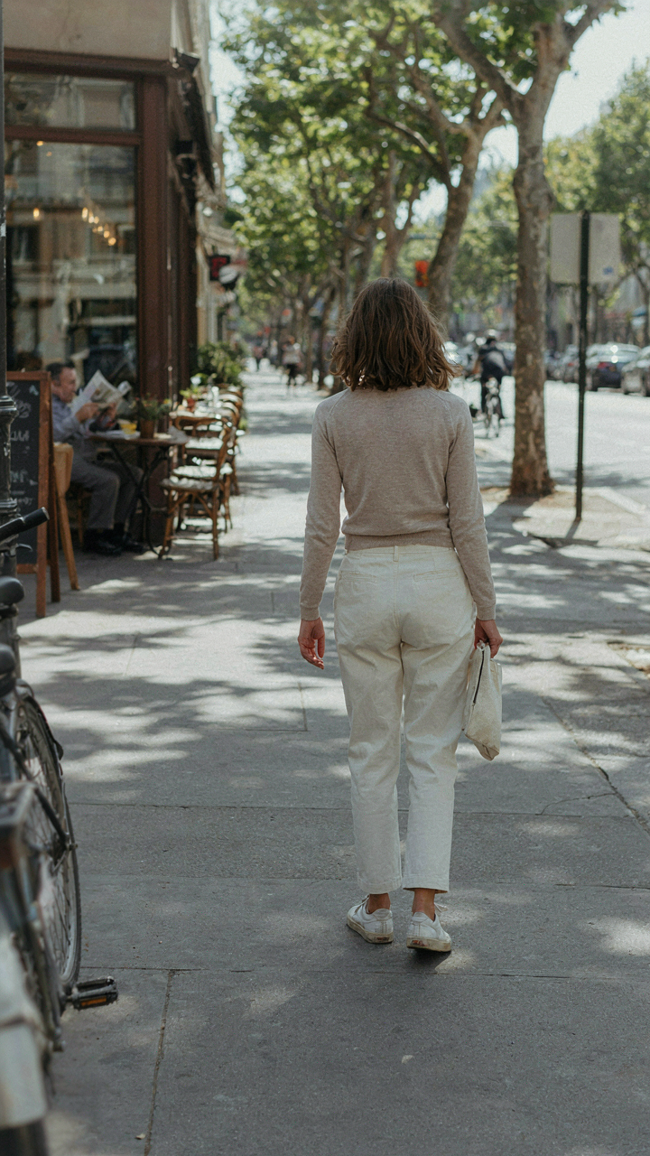 A person in tailored linen pants and clean sneakers walks confidently.