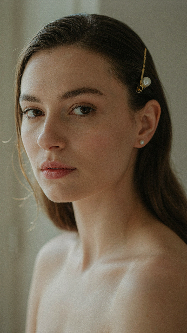 A single, elegant pearl clip is placed at a woman's temple.