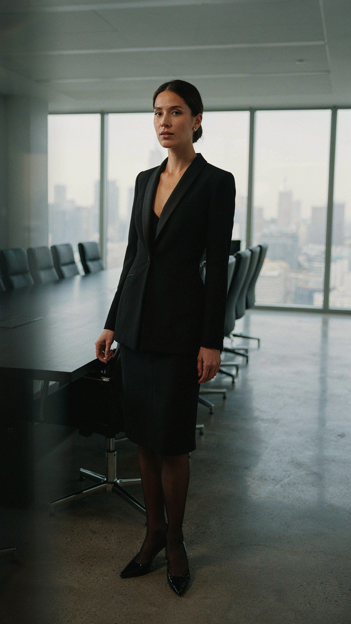 A woman in a sharp tuxedo dress stands in a modern, elegant boardroom.