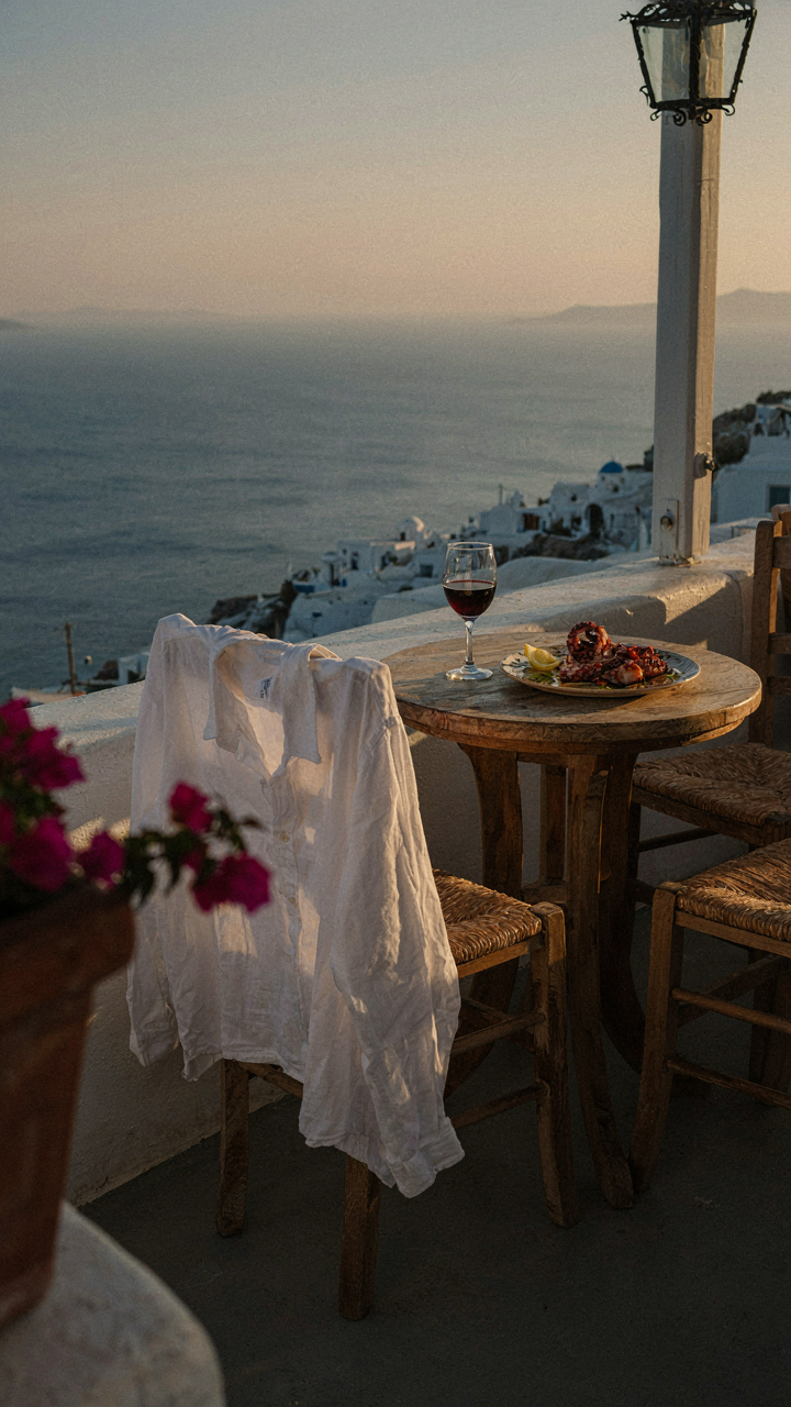 A white linen shirt draped over a chair at a sunset dinner in Greece.