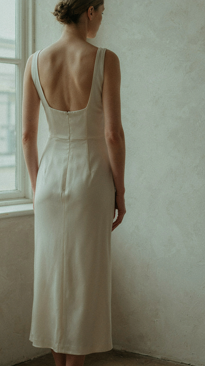 A woman's bare back in a sleeveless column dress shows clean lines.