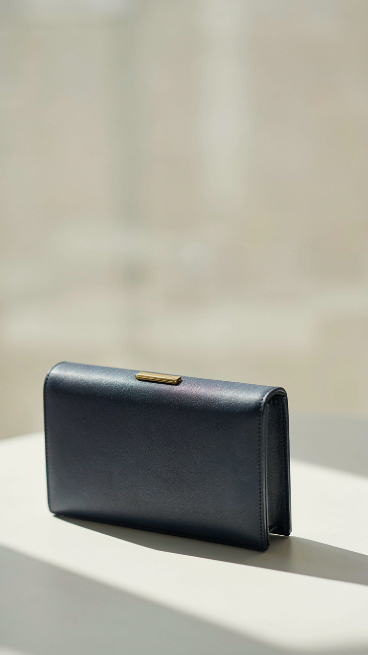 A single, structured deep navy leather clutch sits on a pristine white surface.