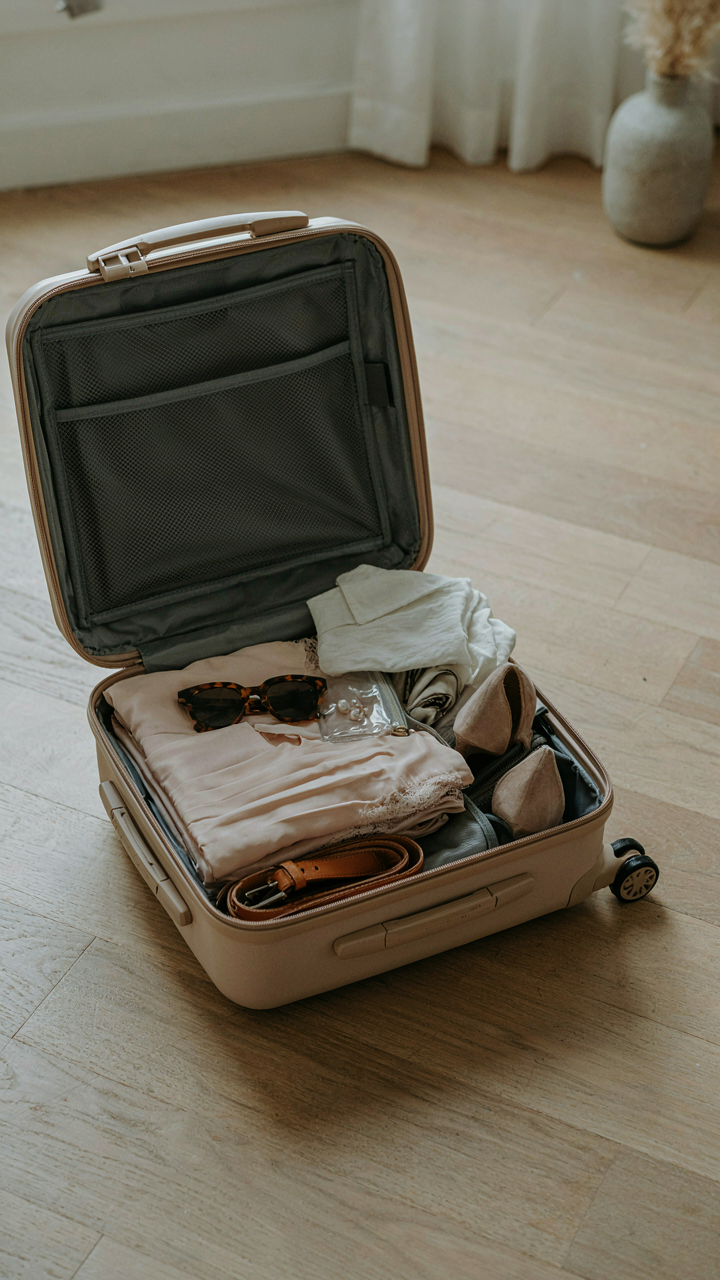 A carry-on suitcase holds a folded wedding guest dress and other items.