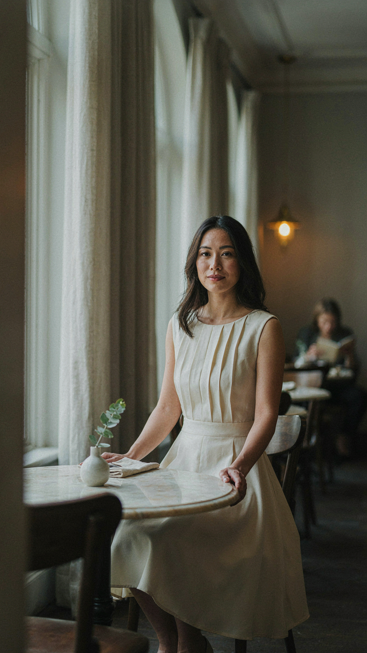 Woman in an A-line midi dress with a pleated bodice sitting upright.