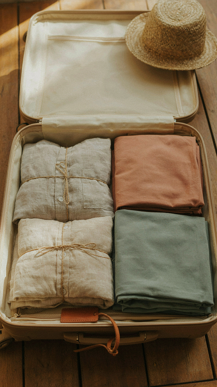Two identical linen shirts and pants are packed in a suitcase.