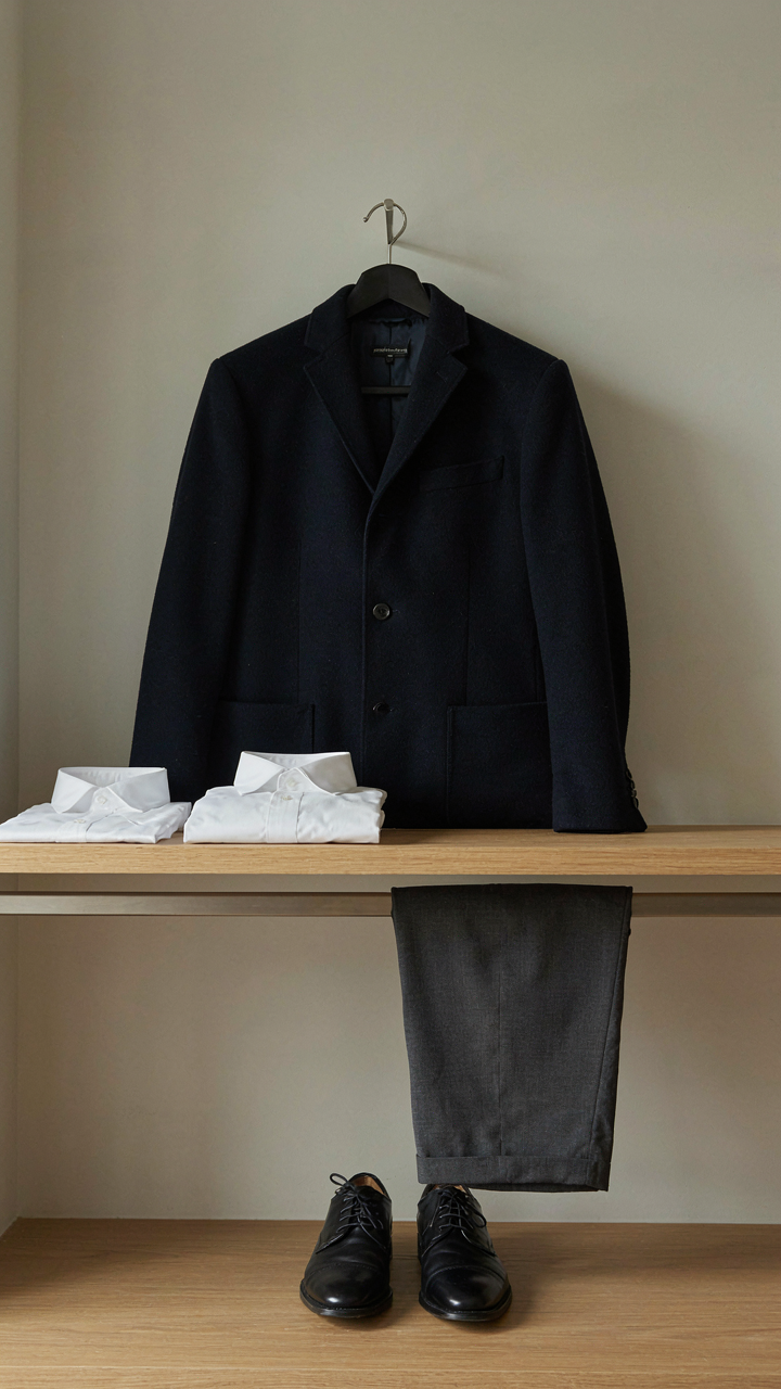 A navy wool blazer, white shirt, gray trousers, and black dress shoes in a closet.