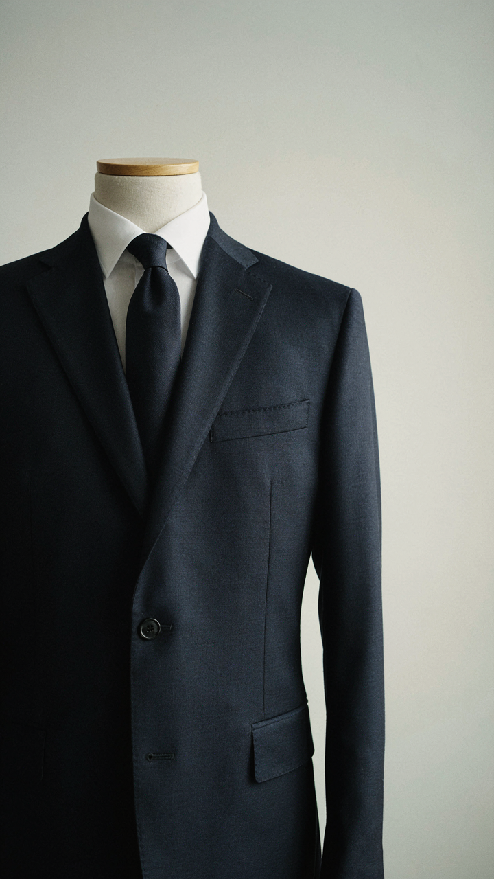 A perfectly tailored navy blue blazer on a mannequin, emphasizing structured shoulders and fit.