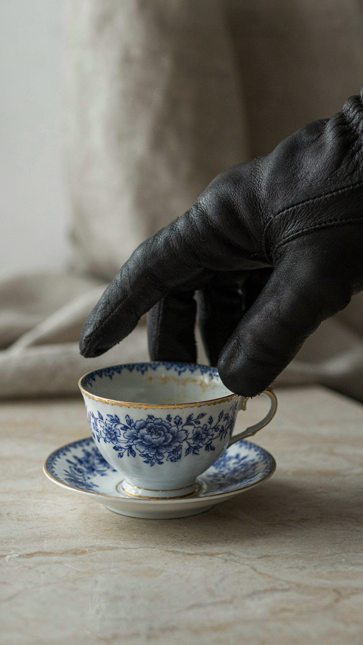 A delicate teacup with a dark leather glove draped over it.