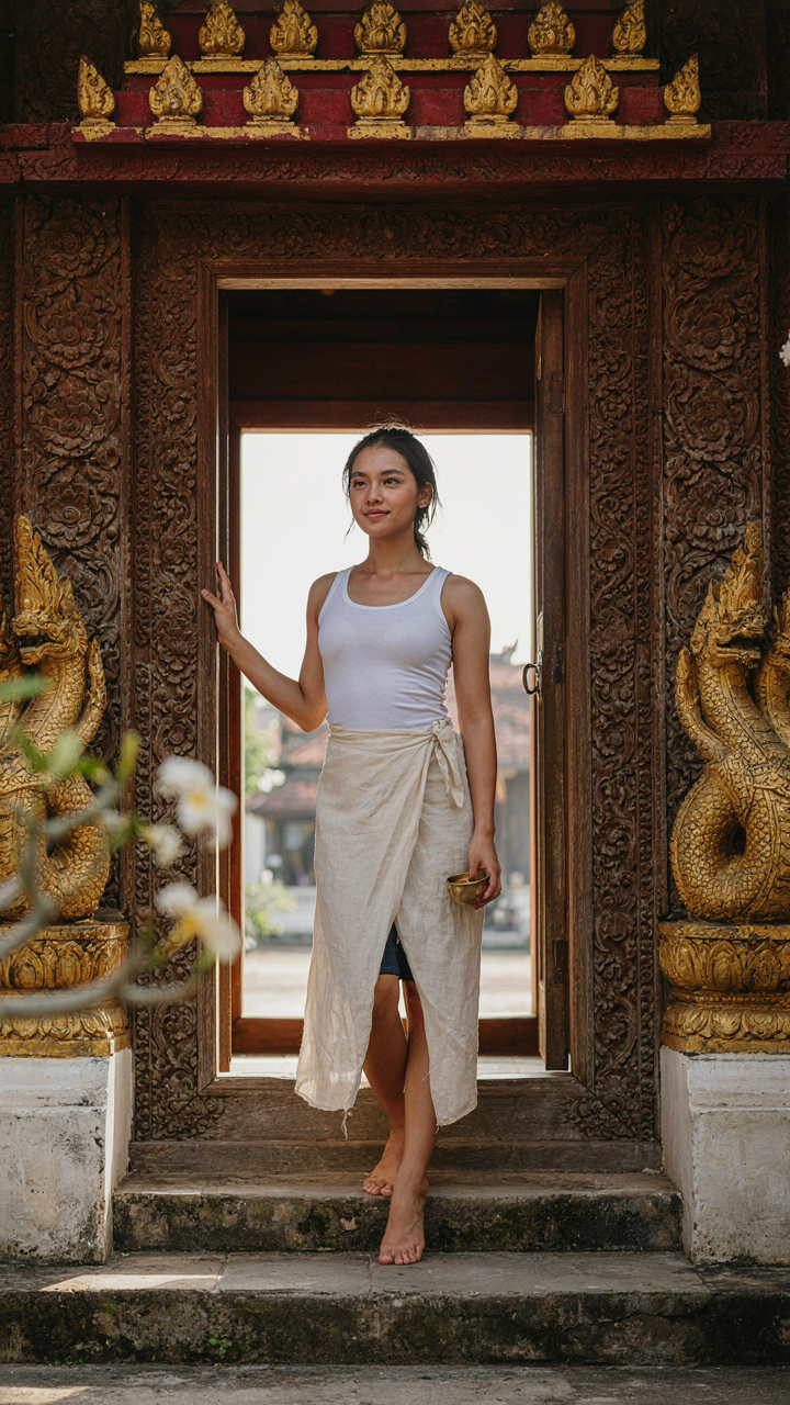 A person in a linen wrap skirt stands at a temple entrance.