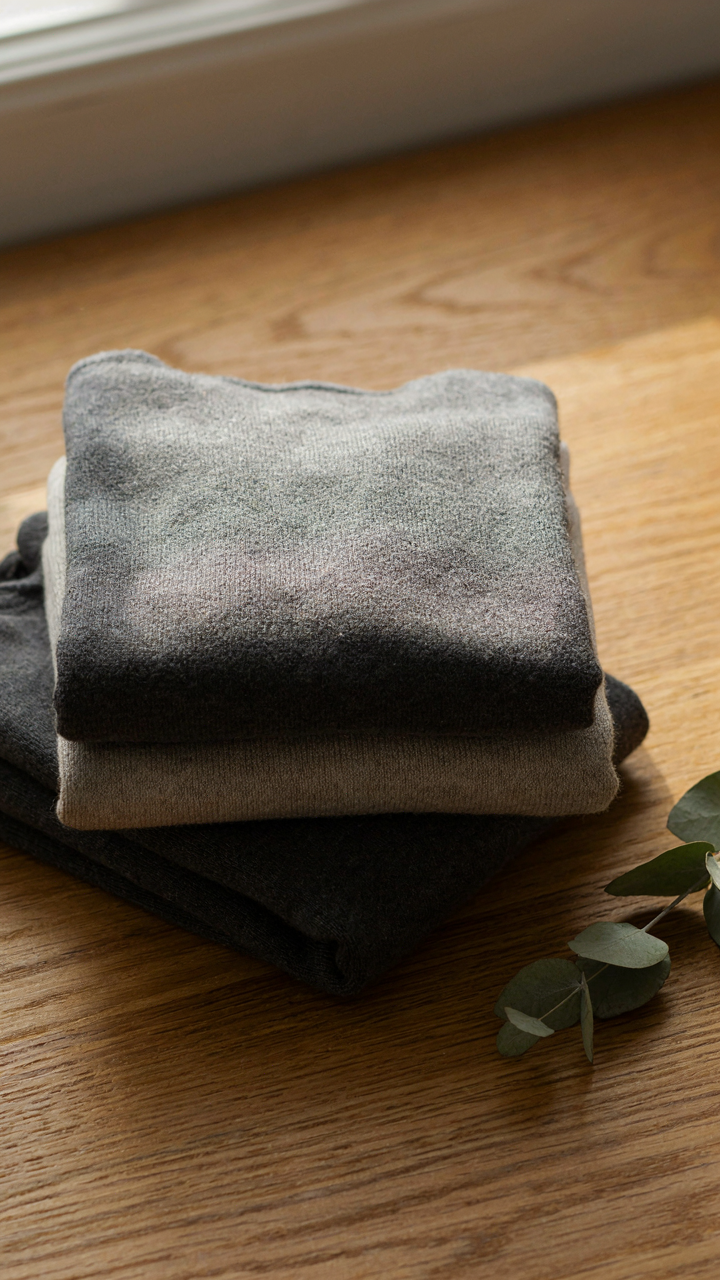 Folded merino wool base layers and a fleece jacket are neatly stacked.