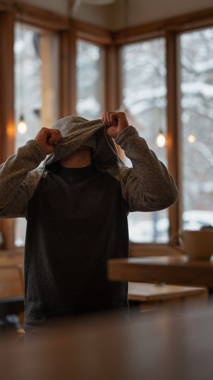A person removes a fleece layer, showing a merino base layer in a warm cafe.